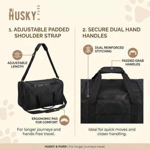 Image of Husky & Purr Cat Bag Carrier for Cats & Small Dogs | Airline Approved Soft-Sided Pet Carrier | Safety Interior Leash | Comfort Travel Small Dog Bag | Up to 8kgs