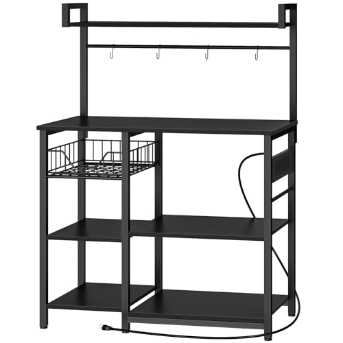 Image of HOOBRO Kitchen Bakers Rack with Power Outlet, Coffee Bar, Microwave Oven Stand with Mesh Basket, Coffee Station with 4 S-Shaped Hook, Kitchen Shelf, for Dining Room, Living Room, Black BB05HB01