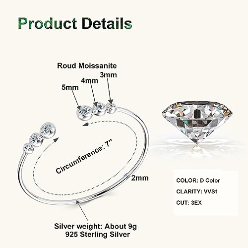 Moissanite Cuff Bangle, 1.8cttw D Color VVS1 Clarity Bracelet fit 7" Below Wrist, 925 Sterling Silver Bangle for Women Wife or Girlfriend Birthday Gifts2
