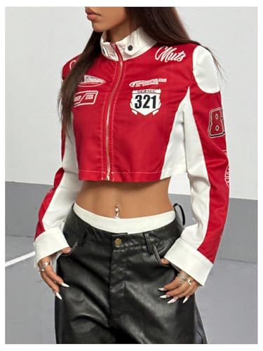 MakeMeChic Women's Colorblock Full Zip Jacket Long Sleeve Crop Racing Motorcycle Jackets2