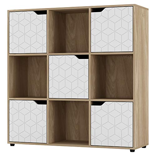 URBNLIVING Bibliothèque cube en bois de chêne avec porte géométrique géométrique et étagère...