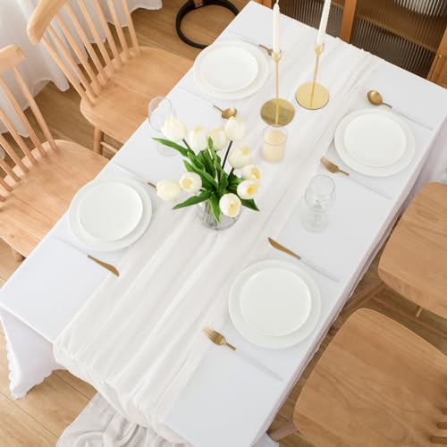 CHUQING Chiffon Tischläufer Hochzeit Tischdeko Stoff Tischdecke Weiß – Ansicht 2
