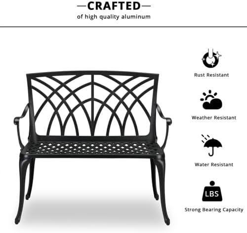 38" Outdoor Garden Bench, Patio Furniture Outdoor Chair with Aluminum Frame, Weather Proof Patio Park Bench with Orchid Backrest for Park, Porch, Pool, Backyard