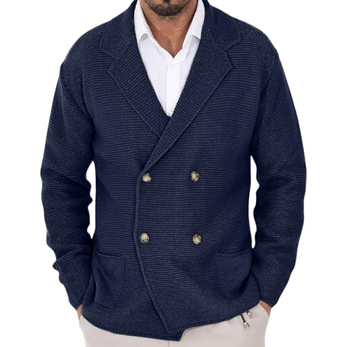 Mens Lapel Collar Cardigan Sweaters Double-Breasted Knit Textured Jackets Plus Size Long Sleeve Fall Outwear with Pockets