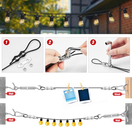 Youlvy String Light Hanging Kit, Outdoor Light Guide Wire, Globe String Lights Suspension Kit, 200FT Coated Stainless Steel 304 Wire Rope Cable,String Light Kit Light Hanging Kit Lighting Accessories - Thumbnail 5