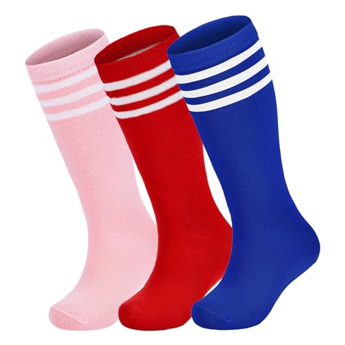 Toddler Soccer Socks Striped Knee High Socks for Girls Boys Athletic Socks Tube Socks Kids Blue White & Red White & Pink White S