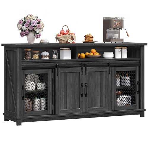 DWVO Farmhouse Sideboard Buffet Cabinet, 63'' Coffee Bar Cabinet with 2 Sliding Barn Doors & 2 Visual Grid Doors, Rustic Storage Cabinets for Kitchen & Living Room, Dark Grey
