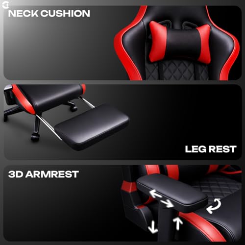 Image of CELLBELL Shadow FT Ergonomic Gaming Chair with Footrest Premium PU Leather 4D Armrests 180 Degree Recline Class 4 Hydraulic Tilt Lock Diamond Design Heavy Duty Base 60mm Wheels (Red)