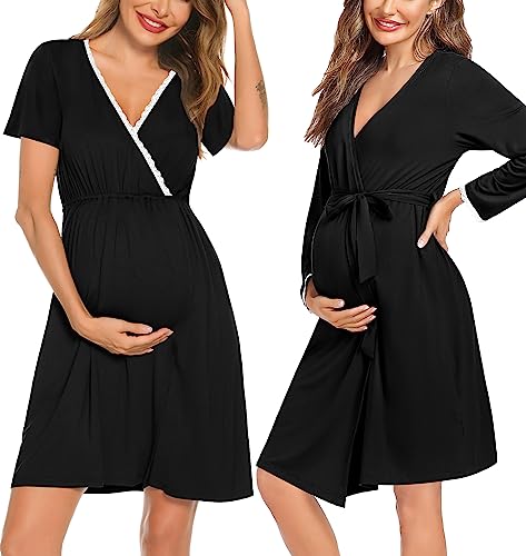 Image of SWOMOG Maternity Robe Nursing Nightgown 3 in 1 Labor Delivery Birthing Gown for Hospital Breastfeeding Bathrobes Lace Dress