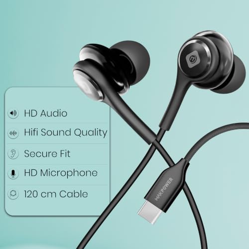 Image of MAKPOWER Type C Wired Earphone with in Line HD Microphone & Volume Controller, Heavy Bass, HD Audio, 120 cm Tangle-Free Cable Compatible with, Android Smartphones & All Type-c Mobiles (Active Black)