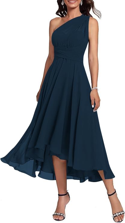 Lvloet One Shoulder Bridesmaid Dresses for Women Tea Length Chiffon Formal Wedding Guest Dress