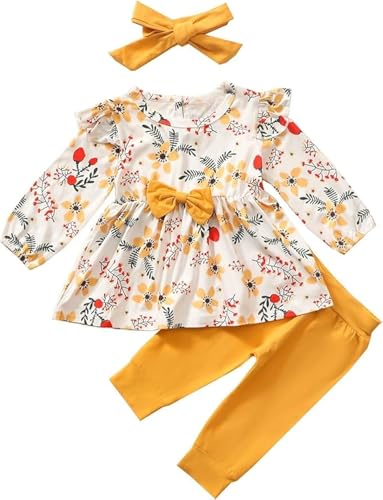 Juflam Ensemble de 3 vêtements pour bébé fille avec nœud floral à volants + haut + pantalon + bandeau, jaune, 6-9 mois