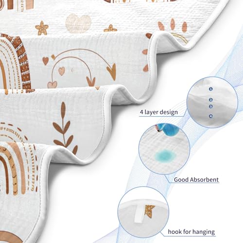 Image of Burbuja Boho Rainbow Baby Bath Towel - Soft Absorbent Muslin Cotton Hooded Towel for Newborn Infant Toddler, 30x30 in
