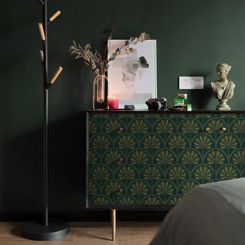 Image of Veki Luxury Floral & Botanical Geometric Wallpaper Mural - Waterproof, Moisture-Proof, Self-Adhesive PVC Wall Sticker for Home & Hotel Decoration (45cm x 300cm) (Green Gold Leaf)