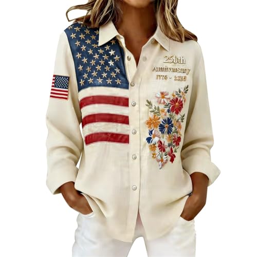 Womens 250th Anniversary USA Shirt Flower Printed Casual Crewneck Long Sleeve Tops with Button 1776-2026 America Flag Sweatshirt Oversized Clothes 2026 Summer Vintage Outfits Beige Medium