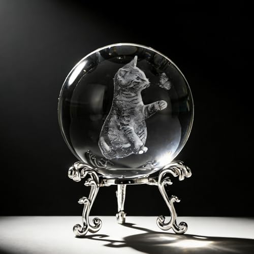 MysticGlitz 3D Laser Engraved Cats Crystal Ball - 2.36" (60mm) K9 Crystal Sphere with Silver Metal Stand, Cute Cat Catching Butterfly Figurine, Healing Home Office Decor & Gifts for Cat Lovers - Image 5