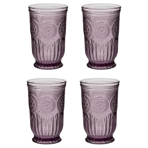 Tumbler Glasses Set of 4 Vintage Style Drinking Glasses with Embossed Mandala Design Turquoise, Purple Blue & Amber Highball Glasses with Footed Bases Drinking Glass Set (Purple)