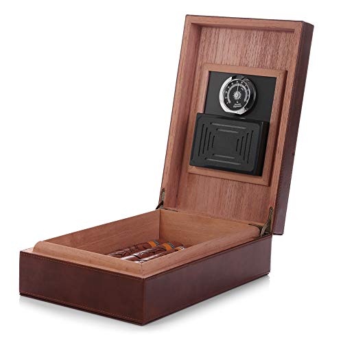 Comparison: Best Wood For A Humidor 11 MEGACRA Cedar Cigar Humidor, Leather Surface Handmade Real Solid Spanish Cedar Wood Lined Cigar Desktop Box with Hygrometer and Humidifier Portable Travel Cigar Humidor Holds 20-30 Cigars