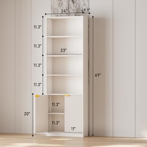 INNOD 69" Tall Book Shelve Bookcases with Doors, Floor Standing 6 Shelf Display Shelves, Bookshelf with Storage Shelf, Home