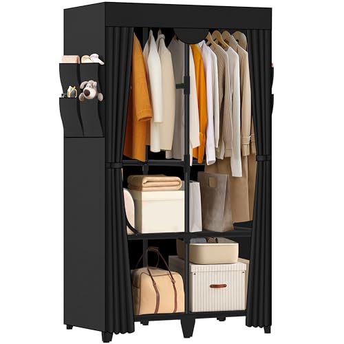 Jofuler Wardrobe Closet, Quick and Easy Assembly, Black Portable Closet with 2 Hanging Rods 4...