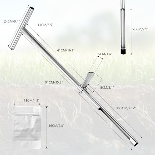 Bodenprobe Sonde 91 cm, Edelstahl Bodensonde mit T Griff und Fußpedal, T-förmiger Bodenprobennehmer mit 2 wiederverwendbaren Probenbeuteln, Bodenprobenstecher für Pflanzenpflege, Garten, Rasen, Bauern