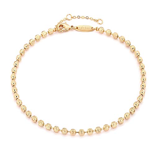 Gold Beaded Anklet,14K Gold Plated Handmade Cute Satellite Round Beads Engraved With Crescent Moon Dainty Chain Anklet For Women #TOP24