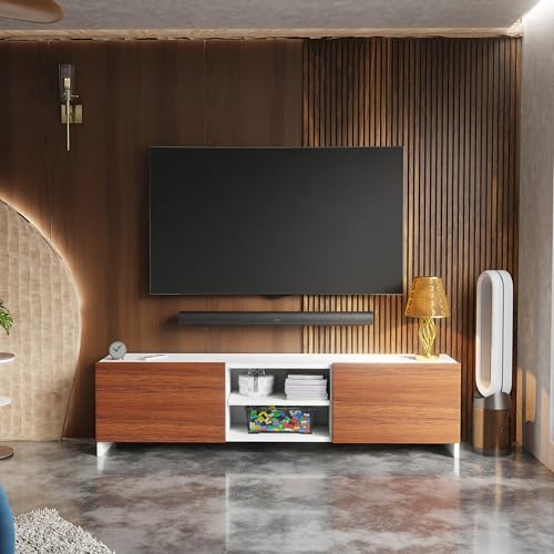 Image of Modern Living Room TV Stand with Open Display Compartment, Dual Side Storage Units, and Clean Contemporary Design for Home Decor | Assembly-DIY | Color-White & Cherry Pine