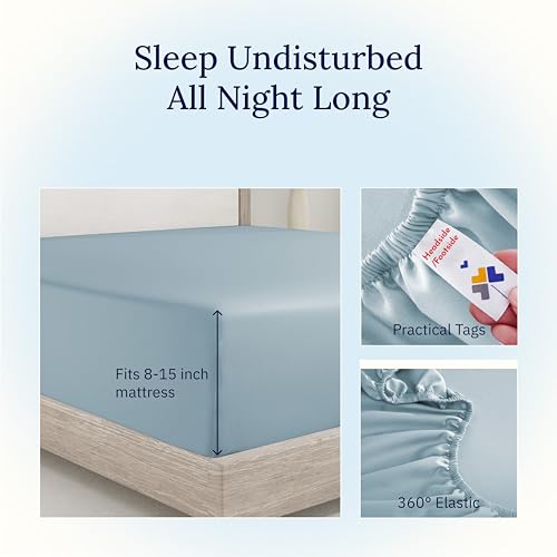 California Design Den Twin XL Deep Pocket Fitted Sheet, Soft 400 Thread Count 100% Cotton Sateen, No Pop-Off Elastic, Deep Pocket Cooling Sheets, Durable Fitted Sheet for Dorms (Sky Blue)