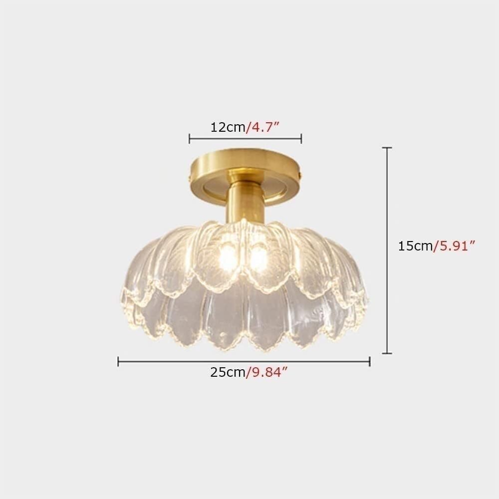 9.84 Inches Modern Flower Shape Glass Shade Ceiling Lamp, Vintage Style Scalloped Petal Design Ceiling Light, Brass Flush Mount Ceiling Lighting Fixture, for Bedroom Balcony Walk