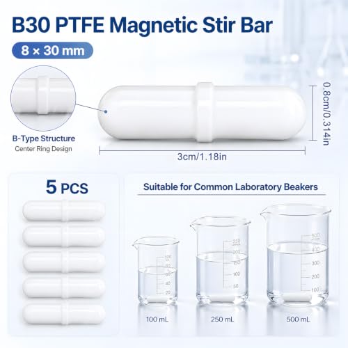 Image of Satmarhz 5 Pcs PTFE Magnetic Stirrer Bar, 8x30mm B30 Magnetic Beads