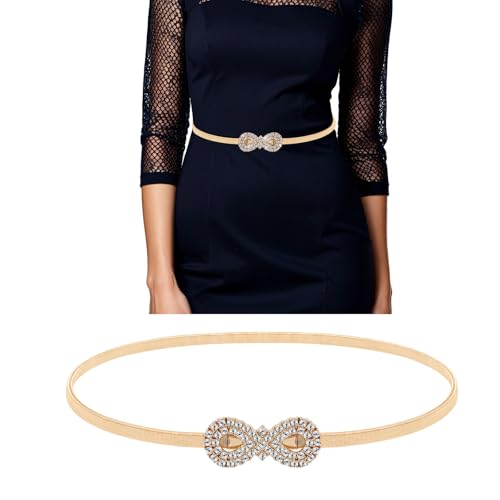 Gold Women Belts for Dresses, Gold Waist Belt,Fancy Metal Stretch Elastic Skinny Thin Belt for Dresses Formal Jeans Shirt