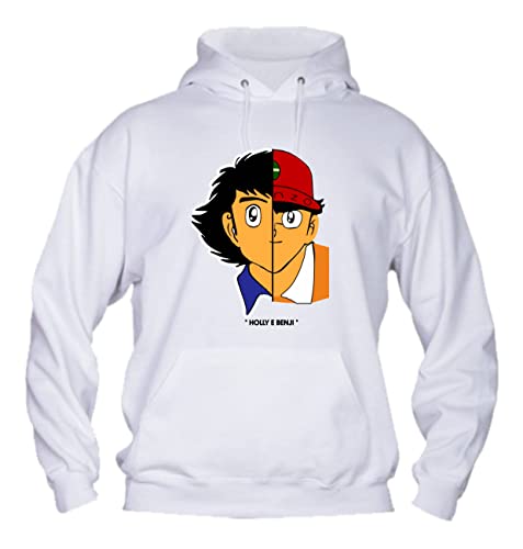  Felpa Uomo con Cappuccio Basic Top qualità Top vestibilità - Holly E Benji Face - Divertente Humor Made in Italy (L, Bianco)