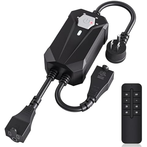 Outdoor Dimmer for String Lights,NEARPOW IP55 Waterproof Dimmer Switch Plug with 2 Sockets,Extension Cord, 2H/4H/6H/8H Indicator Light,100FT Wireless Remote Control Light Dimmer for Patio Led Lamp Cover