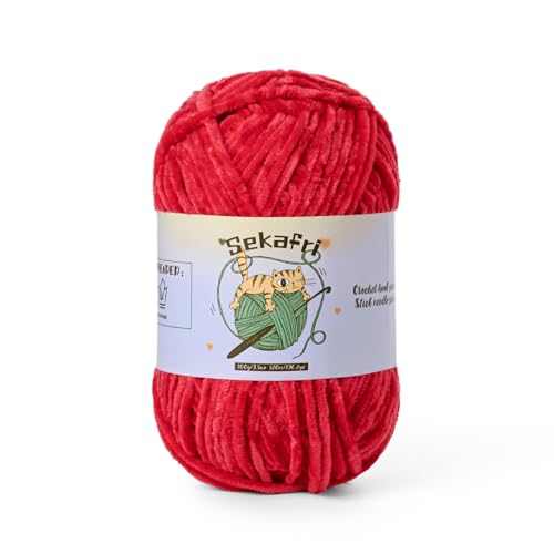 Image of Fuzzy Chenille Yarn for Crocheting, Fluffy Amigurumi Crochet Yarn for DIY Craft /Hat /Shoes, (100g /197yds) Soft Velvet Baby Blanket Yarns(Red)