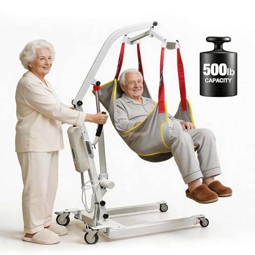 Toptople 500LBS Electric Patient Lift for Home Use with Sling Remote Control Portable Patient Transfer Lift Adjustable Base 23.6-41.3 Floor to Bed Lift for Elderly & Disabled