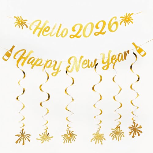 Seutgjie New Years Eve Decorations 2026, Happy New Year Banner with Gold Glitter for New Year Party