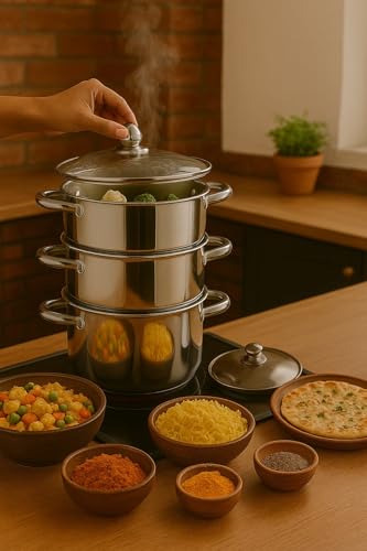 Image of Pigeon Elantra Stainless Steel 3 Tier Steamer Pot Set with Glass Lid | Pasta Steamer Momo /Modak Maker | Vegetable Steamer | Rice Steamer (22cm) | Capsulated Induction Bottom|ISI Certified