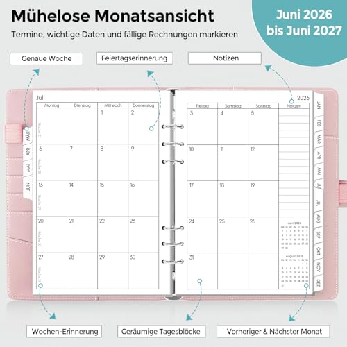 SKYDUE Kalender Ringbuch A5, Ringbuch A5 Nachfüllbar Von März 2026 bis Juni 2027, Terminplaner 2026 Perfekt Für Schüler Und Berufstätige(Rosa)