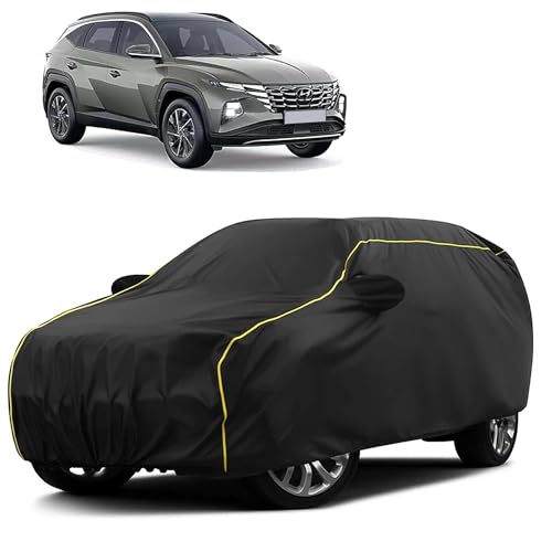 Image of Sulfar 100% Water Resistant Car Body Cover Compatible with Mirror for Hyundai Tucson (Triple Stitched, Full Bottom Elastic, Black Taffeta with Yellow Piping)