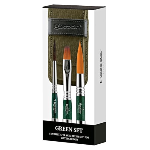 Image of Escoda | Watercolour | Green Travel Set | Size 4,12,16 | 3 Brushes | Synthetic Tendo + Tame + Gold Toray | Rigger + Bright + Round Pointed