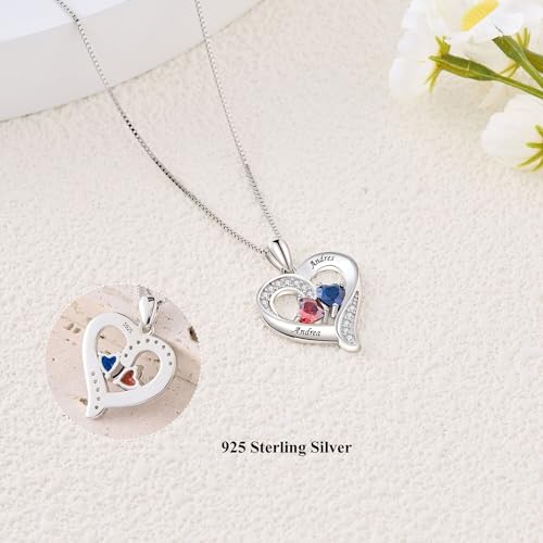 MissNity 925 Sterling Silver Personalized 2 Heart Simulated Birthstone Engraved Names Necklace for Women Mother Pendant Jewelry3