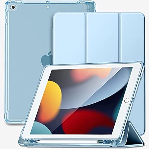 Vobafe Case Compatible with iPad 9th Generation 2021/8th Generation 2020/7th Generation 2019, Translucent Frosted Back Cover Trifold Stand for iPad 10.2 Inch with Pencil Holder, Light Blue Cover