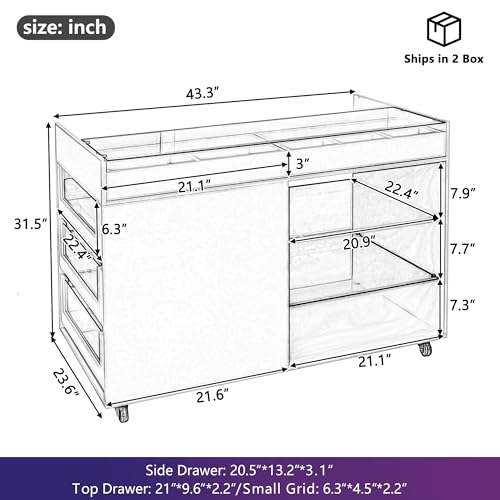 Image of JIVOIT Movable Storage Cabinet Island, 43.3 inch Multi-Functional Island with 3 Side Drawer, a Reversible Top Storage Space and Two Glass Display Shelves, Vanity Table