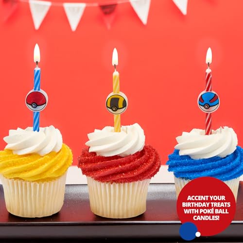 Pokémon Birthday Cake Candles | 6 Birthday Candles for Cake Decorations, Red, Blue, Yellow Striped Candles, Poké Ball Cake Toppers for Pokémon Party