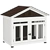 PawHut 40″ L Dog House Outdoor Indoor, Wooden Dog Kennel for Small, Medium, Large Dogs, Puppy Shelter with Air Vents & Elevated Removable Floor, Magnetic Doors, Foot Covers, Dark Brown