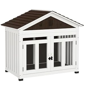 PawHut 40″ L Dog House Outdoor Indoor, Wooden Dog Kennel for Small, Medium, Large Dogs, Puppy Shelter with Air Vents & Elevated Removable Floor, Magnetic Doors, Foot Covers, Dark Brown