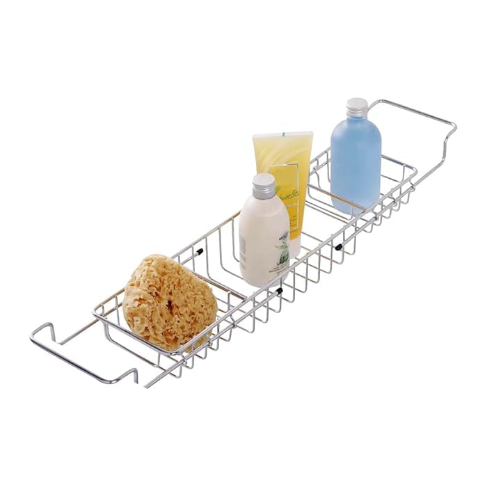 KAYNUR Extendable Bath Tub Rack Bridge Scratch-Proof Storage Tray Caddy with Chrome Finish 66.6 x 13.4 x 7.4 cm