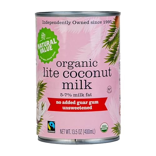Natural Value Coconut Milk, Organic, Lite 5-7% Milk Fat,13.5 oz (pack of 6) No added Guar Gum, Unsweetened, Gluten Free, Keto Friendly, Fairtrade, Vegan, Kosher, No Monkeys used in Harvesting
