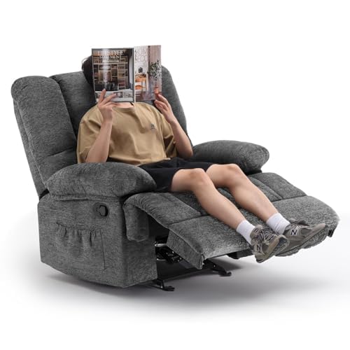 Image of Oversized Rocker Recliner Chair, Wide Manual Recliner with Adjustable Backrest & Footrest, Comfortable Rocking Reclining Sofa for Living Room & Bedroom, Gray