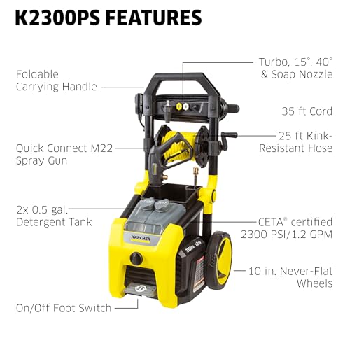 Image of Karcher Pressure Washer K2300PS, CETA Certified, 4 Spray Nozzles, Detergent Tank, Hose Reel, for Cars, Driveways, Siding, Patios, 1.2 GPM
